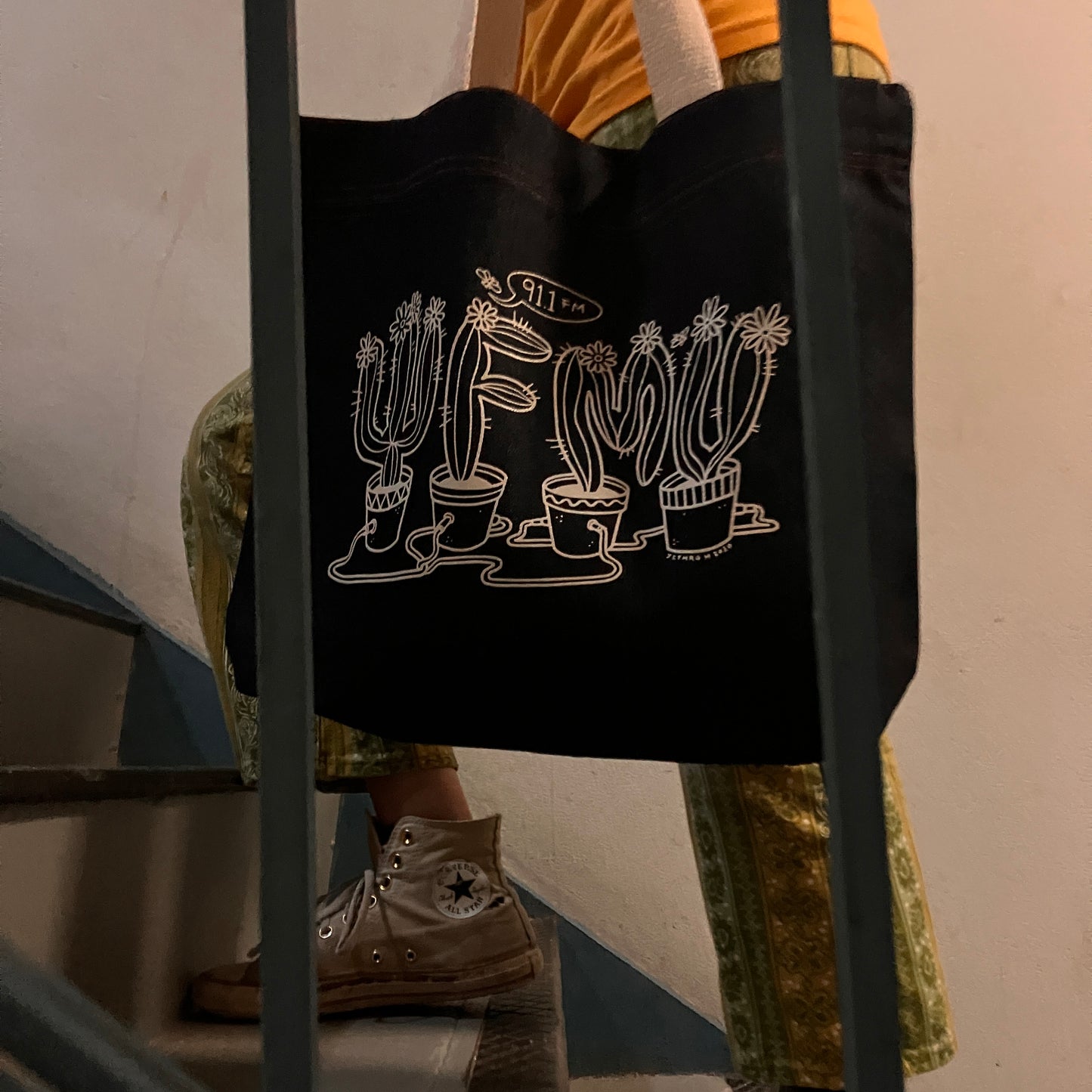 Denim Tote Bag with White Cactus Logo