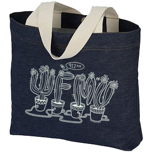 Embroidered Denim Cactus Tote Bag