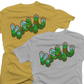 Two t-shirts, one yellow and one gray, with a 3D text design featuring green and blue elements.