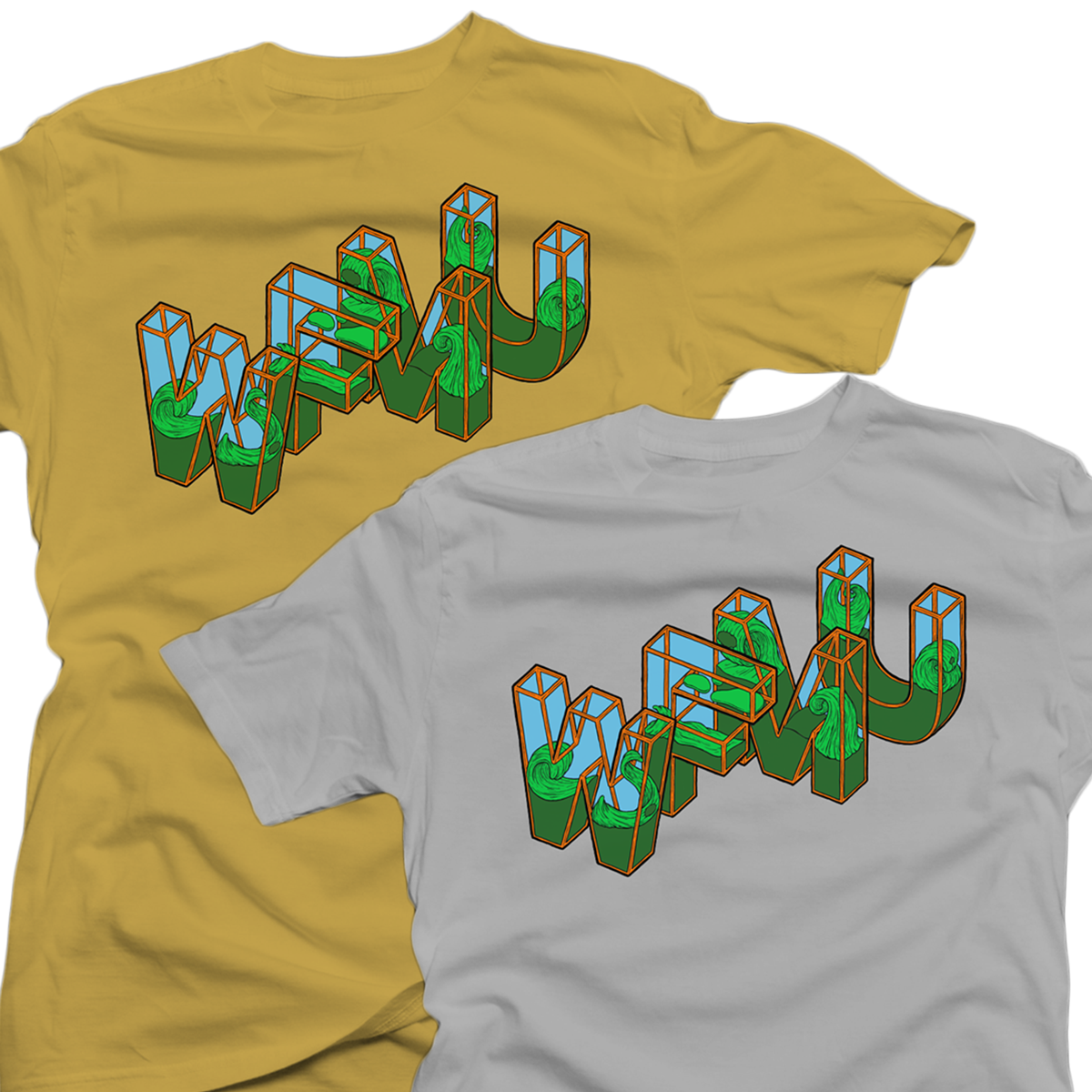 Two t-shirts, one yellow and one gray, with a 3D text design featuring green and blue elements.