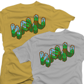 Two t-shirts, one yellow and one gray, with a 3D text design featuring green and blue elements.