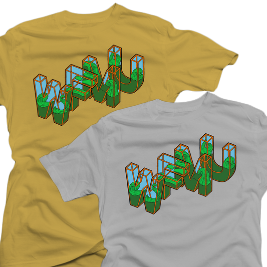 Two t-shirts, one yellow and one gray, with a 3D text design featuring green and blue elements.