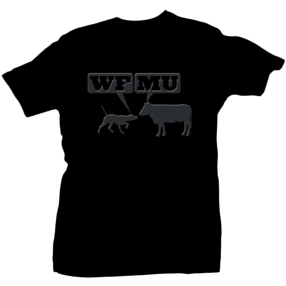 One-of-a-Kind! Grey Puff Paint Woof-Moo Logo on Black T-Shirt