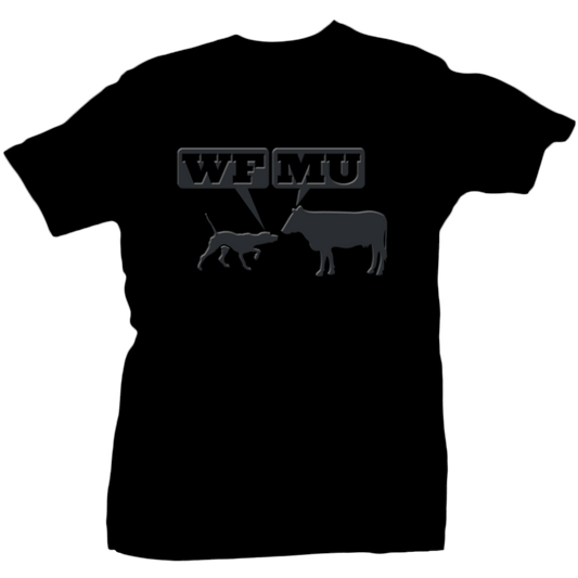 One-of-a-Kind! Grey Puff Paint Woof-Moo Logo on Black T-Shirt