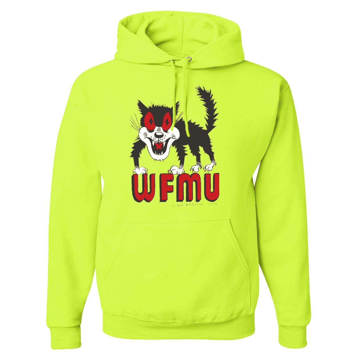 LIMITED EDITION - Gary Panter's Scary Cat on a Safety Yellow Hooded Sweatshirt