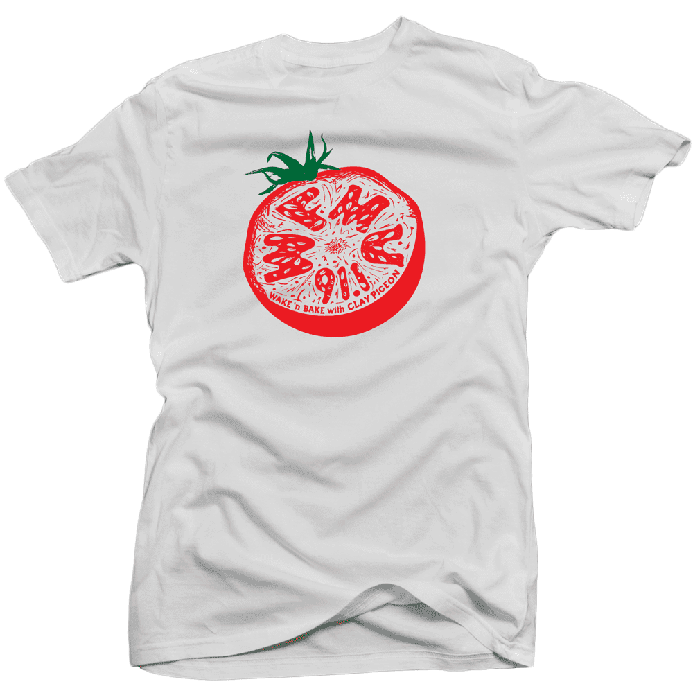 White t-shirt with a red tomato graphic and text on a transparent background