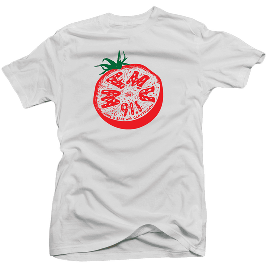White t-shirt with a red tomato graphic and text on a transparent background