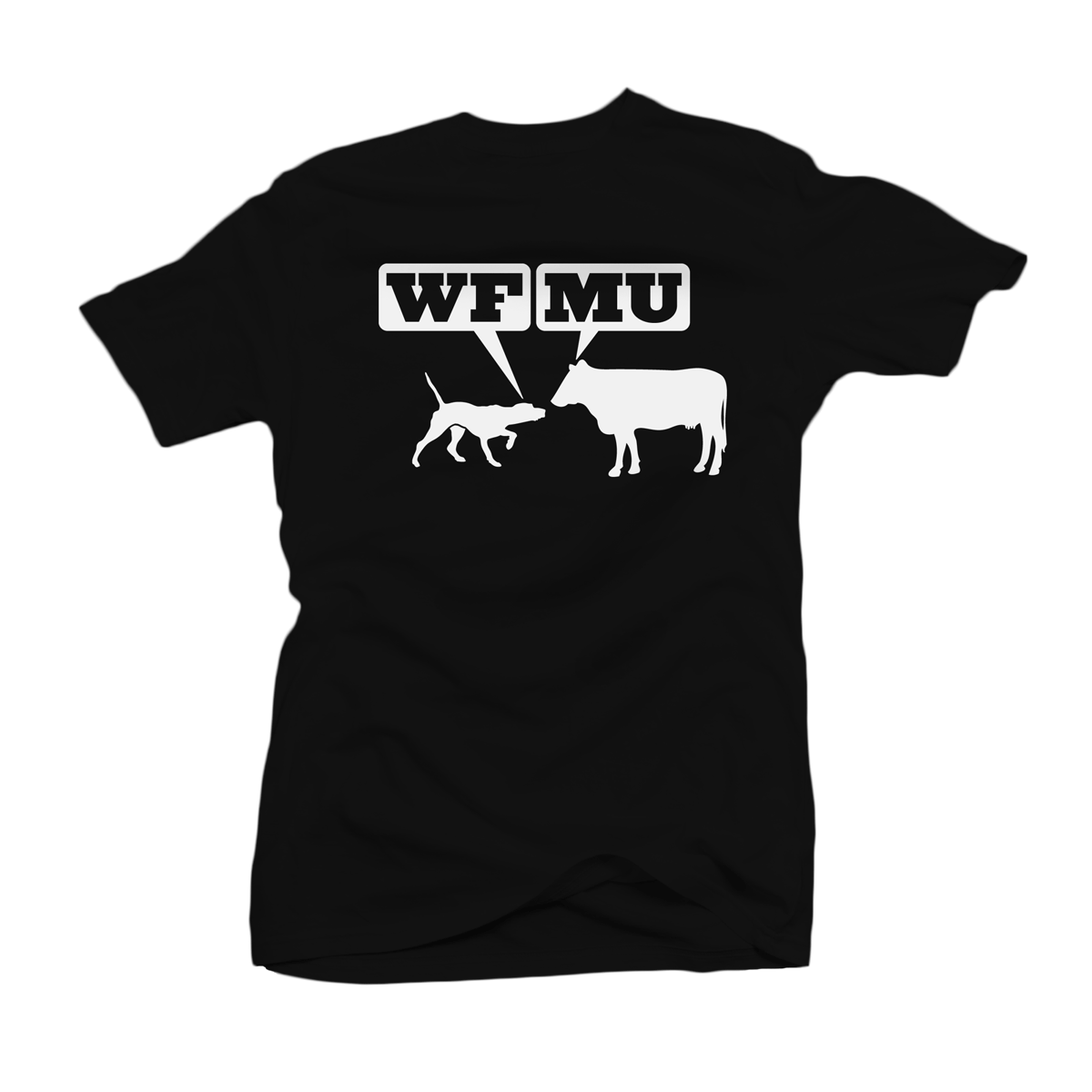 A Classic Back in All Sizes! White Woof-Moo Logo on Black T-Shirt